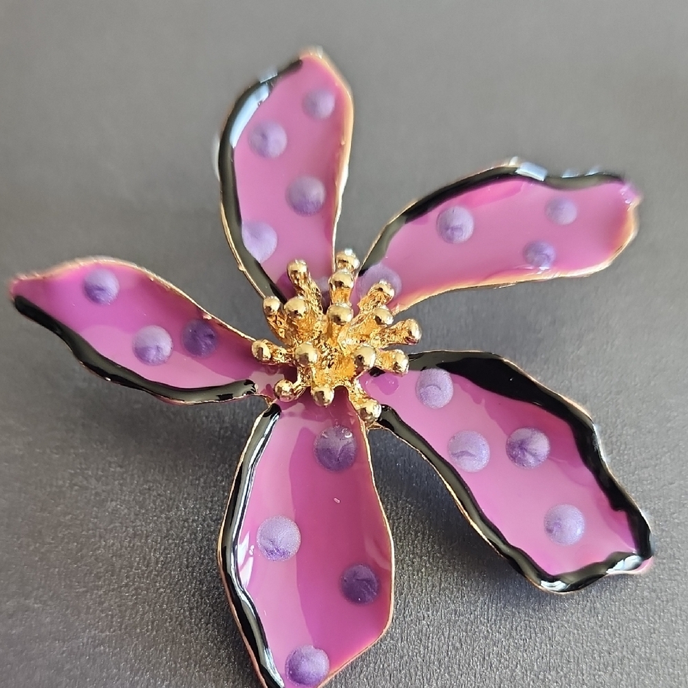 Zara Pink with lavender dots Gold Floral Earrings - Picture 2 of 3